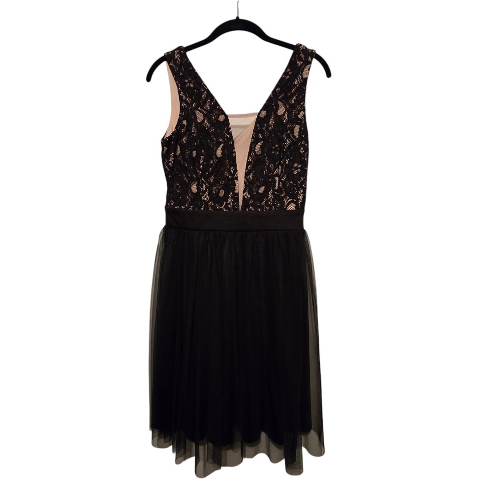 Mystic Black Lace & Nude Mesh V-Neck Party Dress